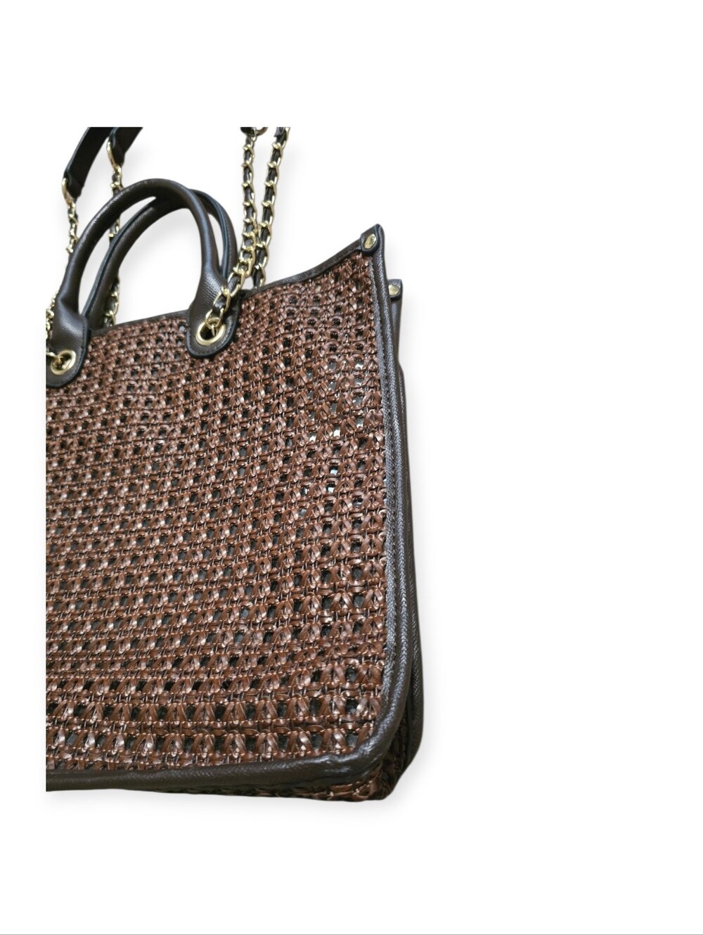 Steve Madden Brown Woven Tote with Black Trim and Gold Chain - Picture 8 of 10